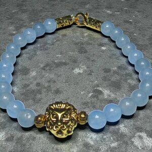 NEW Handmade Lion Bracelet With Blue Chalcedony Gemstone Beads.